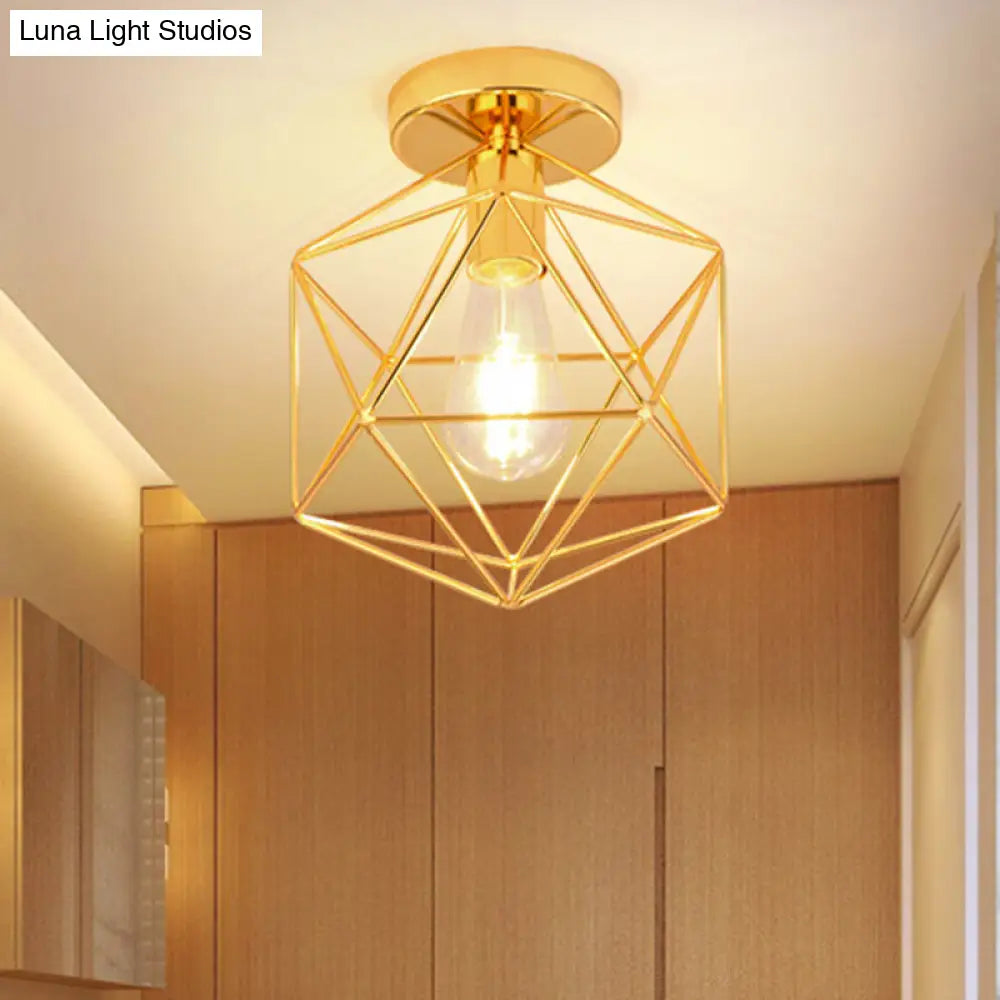 Gold Metal Diamond Cage Semi Flush Ceiling Light For Corridor - Industrial One Mount