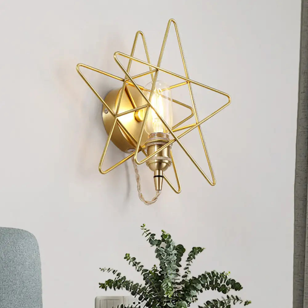 Gold Metal Exposed Bulb Wall Lamp With Star Cage - Colonialist 1 Head Sconce Light For Living Room