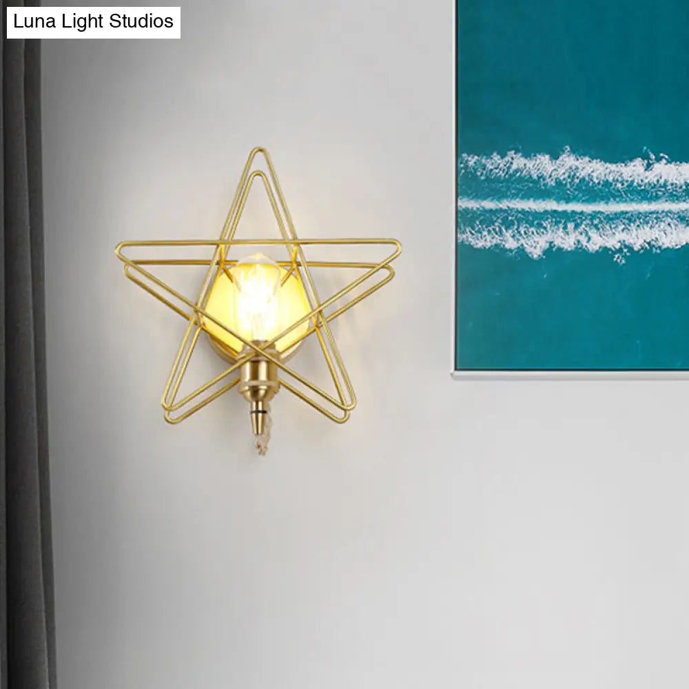 Gold Metal Exposed Bulb Wall Lamp With Star Cage - Colonialist 1 Head Sconce Light For Living Room