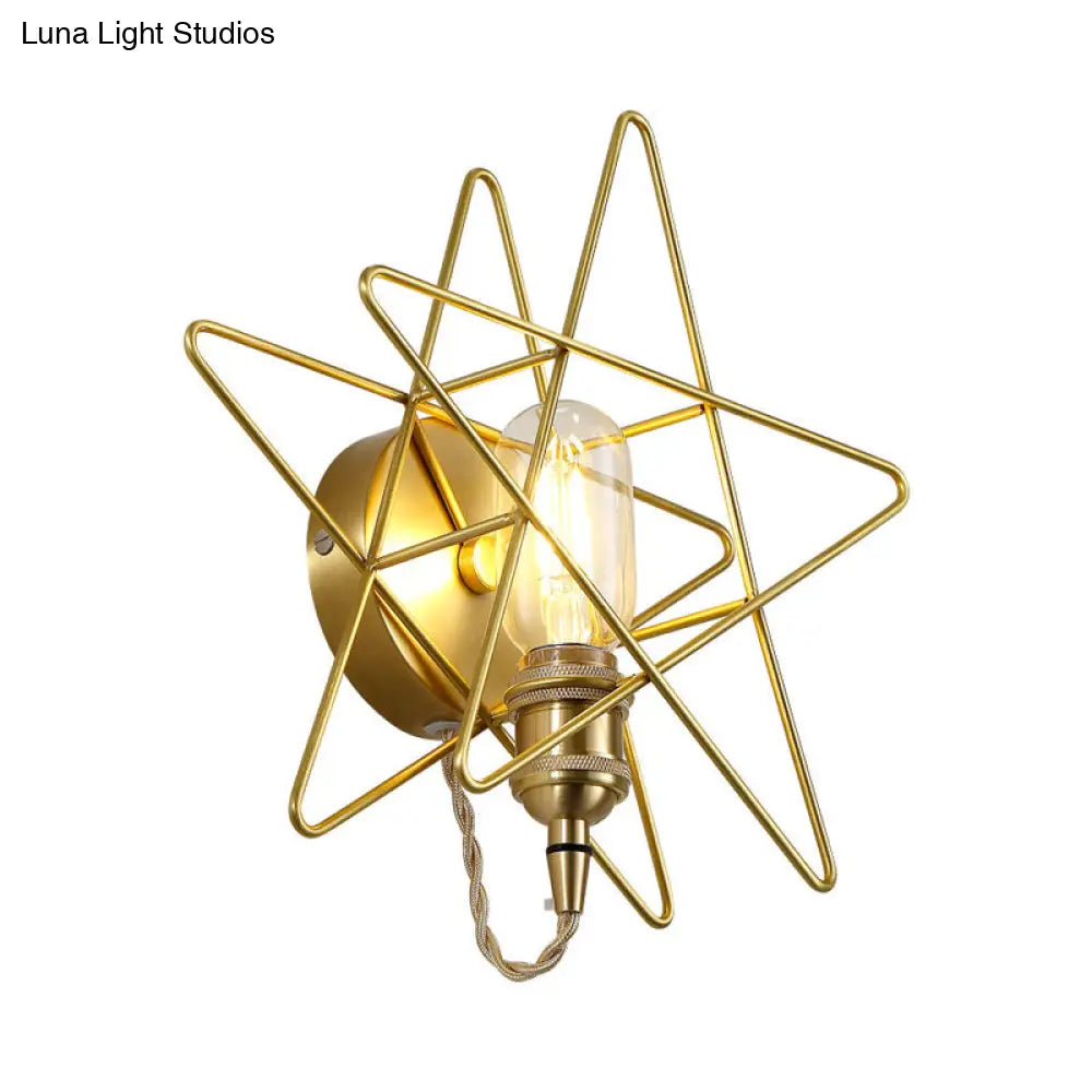 Gold Metal Exposed Bulb Wall Lamp With Star Cage - Colonialist 1 Head Sconce Light For Living Room