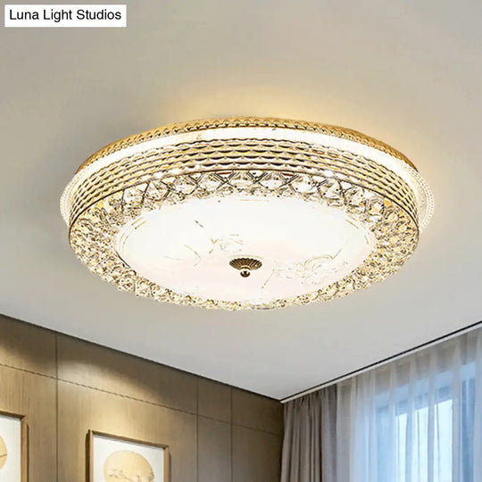 Gold Metal Flush Mount Led Ceiling Light With Crystal Accent And Opal Glass Shade