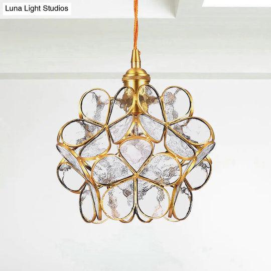 Gold Flower Dining Table Pendant Light With Metal & Glass - Elegant Single Hanging Lamp Clear