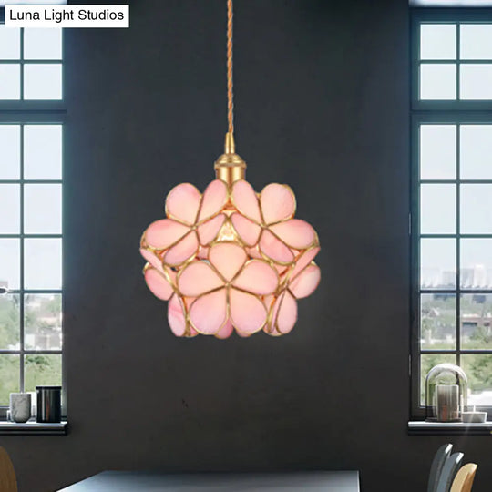 Gold Flower Dining Table Pendant Light With Metal & Glass - Elegant Single Hanging Lamp Pink