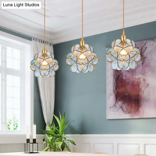 Gold Flower Dining Table Pendant Light With Metal & Glass - Elegant Single Hanging Lamp Blue