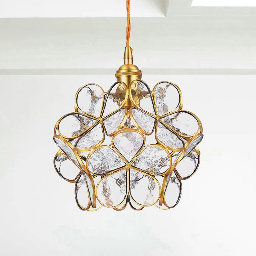 Gold Metal & Glass Flower Dining Table Pendant Light - Single Hanging Lamp Clear