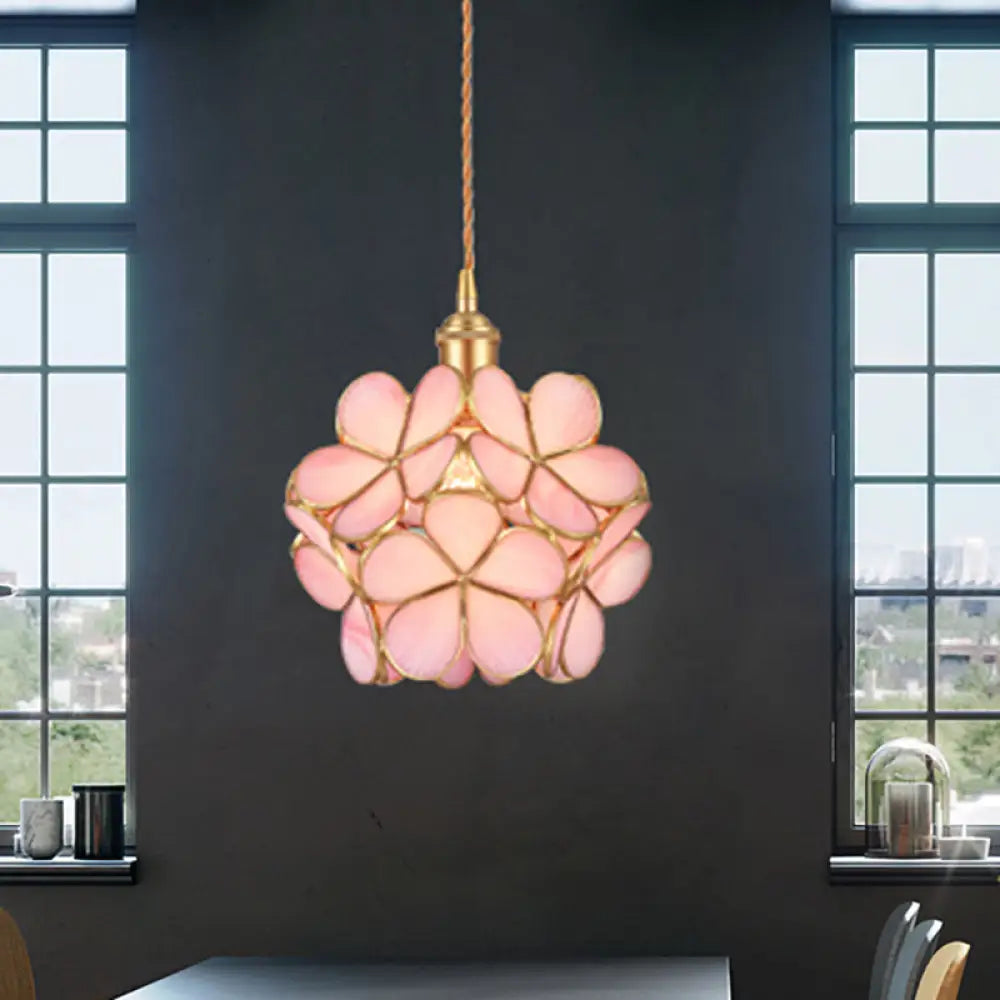 Gold Metal & Glass Flower Dining Table Pendant Light - Single Hanging Lamp Pink