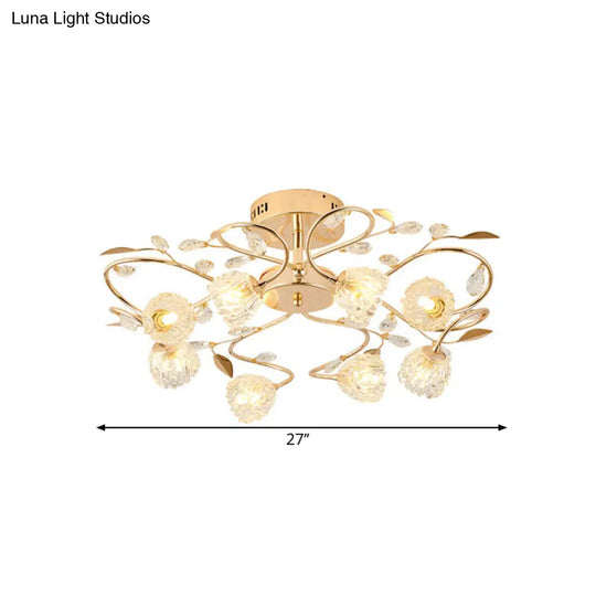 Gold Metal Leaf Design Semi Flush Mount Ceiling Light With Prismatic Crystal Flowers And 8 Bulbs -