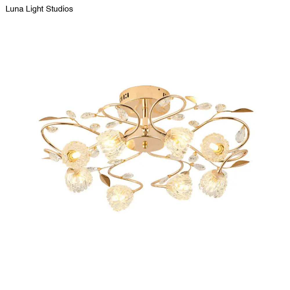 Gold Metal Leaf Design Semi Flush Mount Ceiling Light With Prismatic Crystal Flowers And 8 Bulbs -