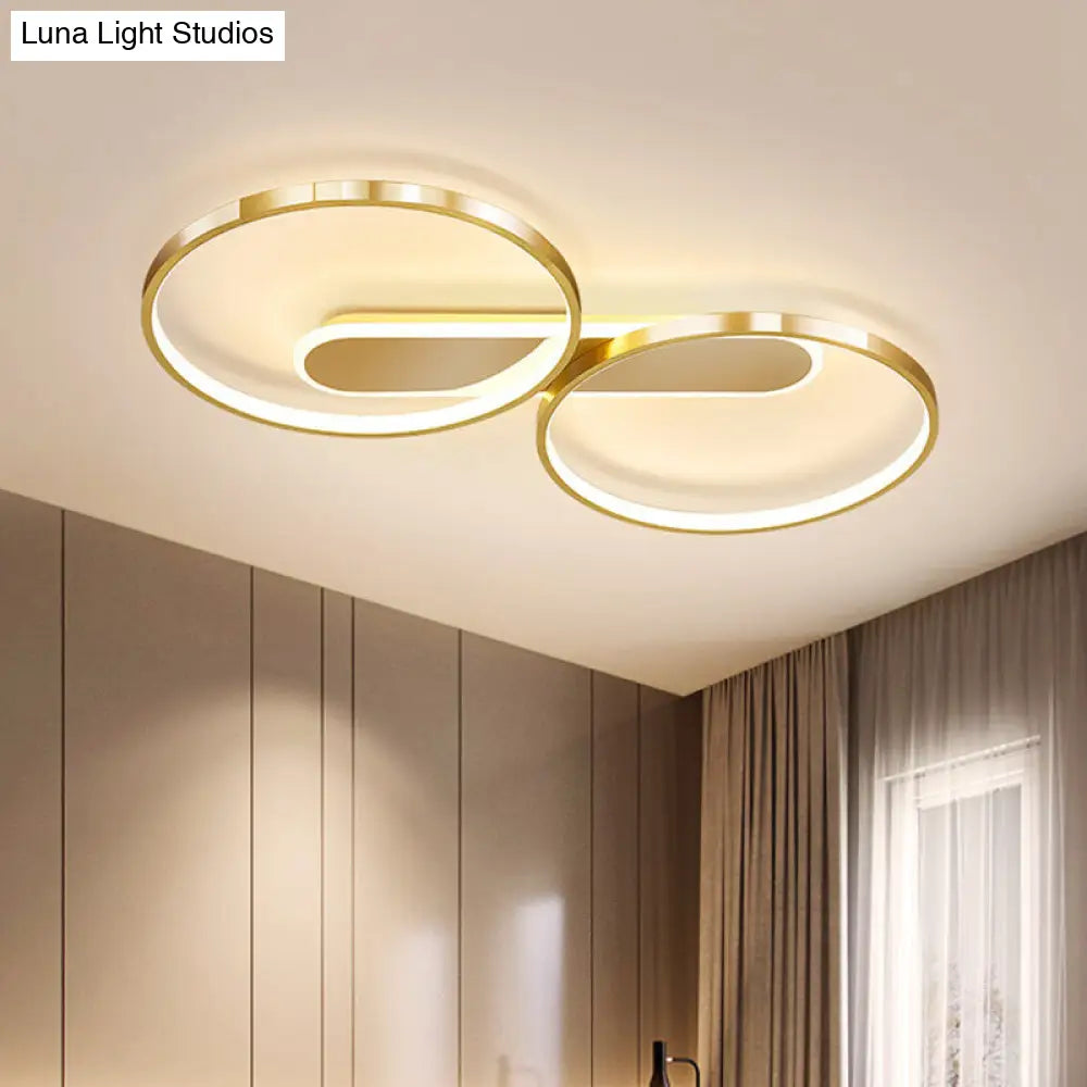 Gold Metal Led Bedroom Flush Ceiling Light - Minimalist Dual Loop Design Warm/White