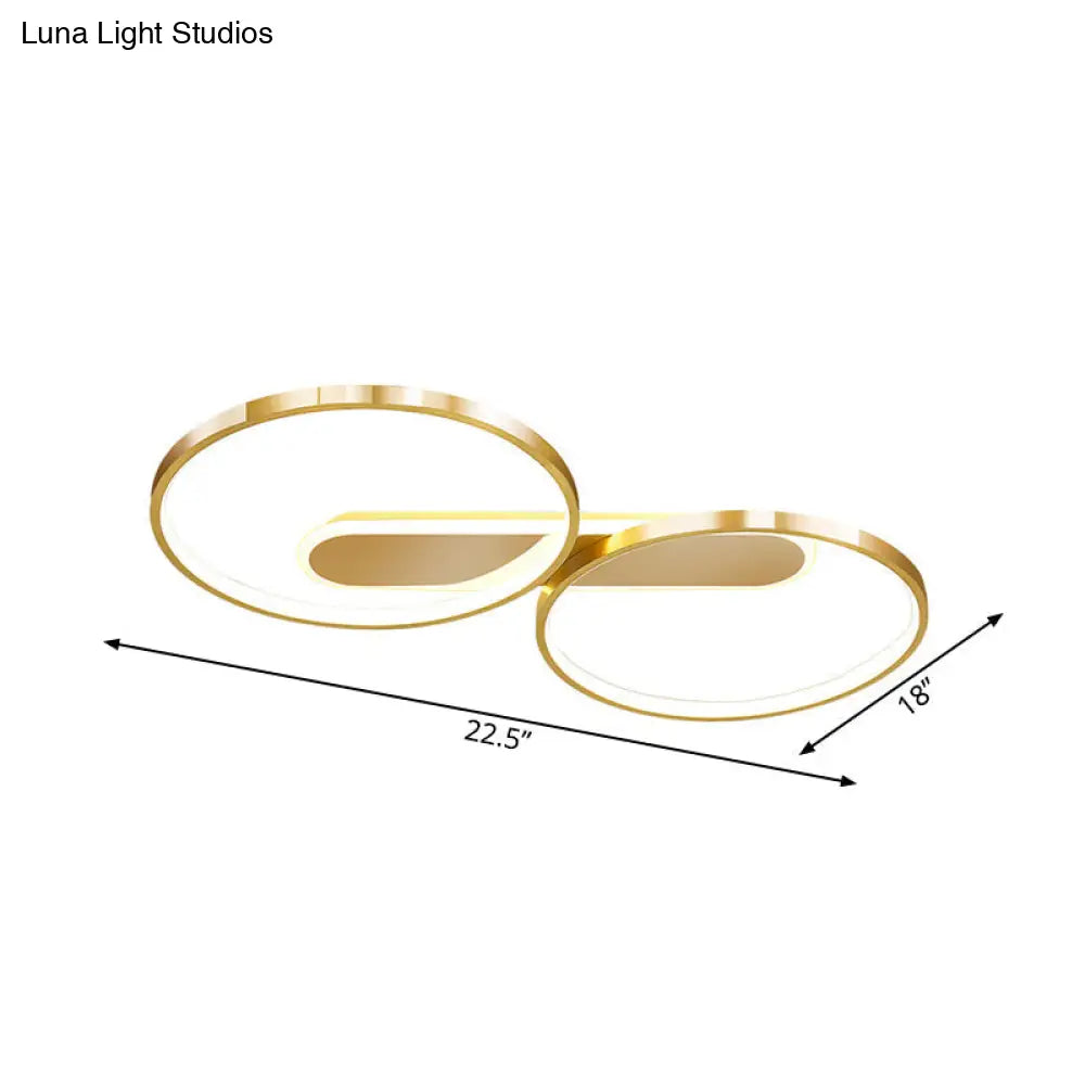 Gold Metal Led Bedroom Flush Ceiling Light - Minimalist Dual Loop Design Warm/White