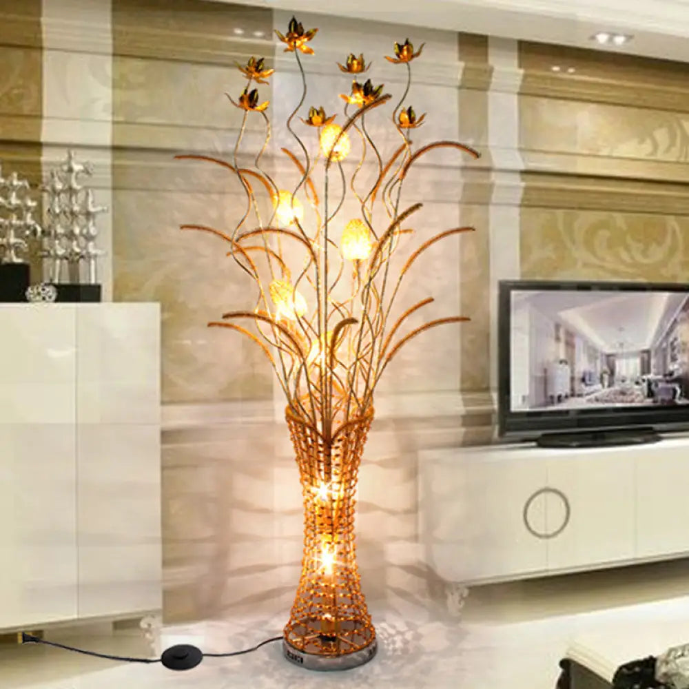 Gold Metal Led Floor Lamp With Blossom Design - Tower-Like Art Decor Standing Light