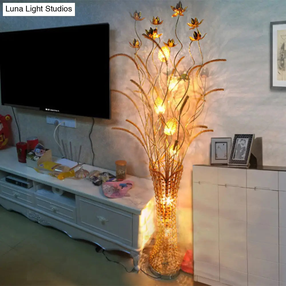 Gold Metal Led Floor Lamp With Blossom Design - Tower-Like Art Decor Standing Light