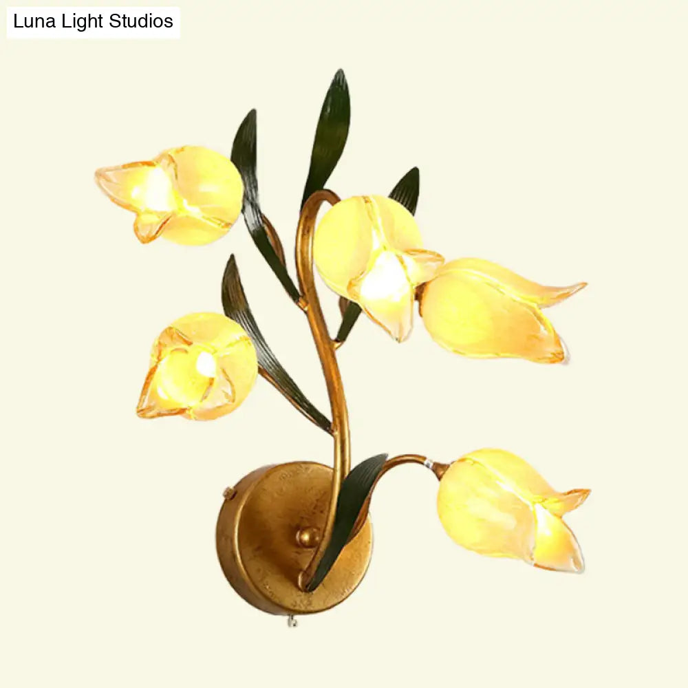 Gold Metal Led Wall Sconce Light With 5 Heads - Countryside Flower Mount Lamp For Living Room