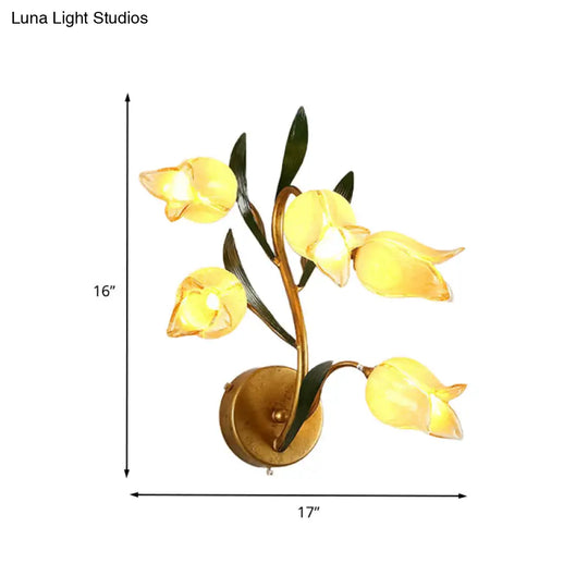 Gold Metal Led Wall Sconce Light With 5 Heads - Countryside Flower Mount Lamp For Living Room