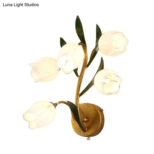 Gold Metal Led Wall Sconce Light With 5 Heads - Countryside Flower Mount Lamp For Living Room