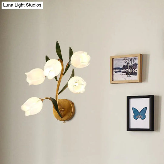 Gold Metal Led Wall Sconce Light With 5 Heads - Countryside Flower Mount Lamp For Living Room