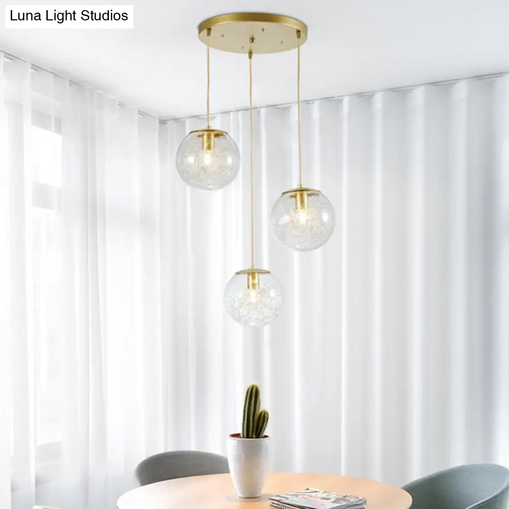 Gold Metal Line Deco Pumpkin Ball Pendant With Clear Glass - 3-Light Minimalist Hanging Lamp For
