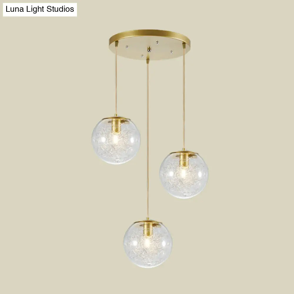 Gold Metal Line Deco Pumpkin Ball Pendant With Clear Glass - 3-Light Minimalist Hanging Lamp For