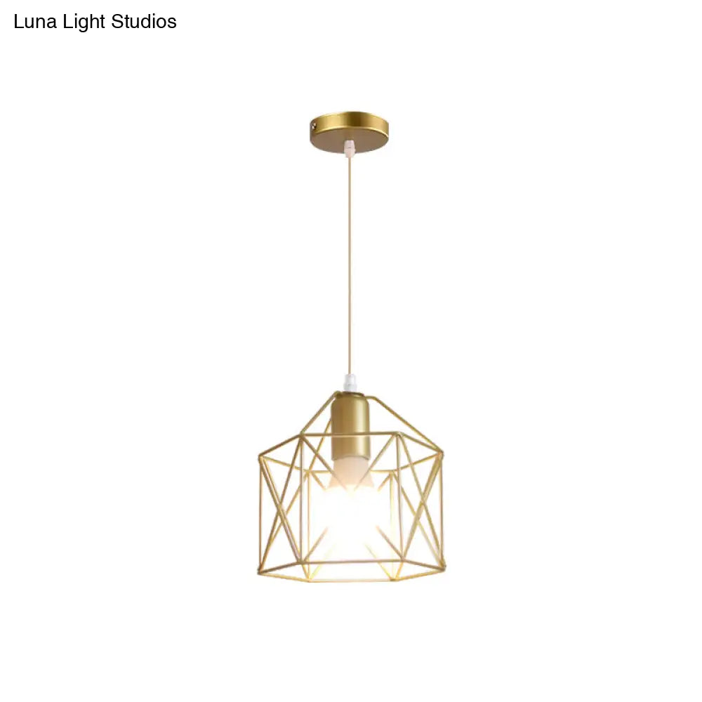 Gold Metal Pendant Light With Globe/Hexagon Cage Shade For Dining Room