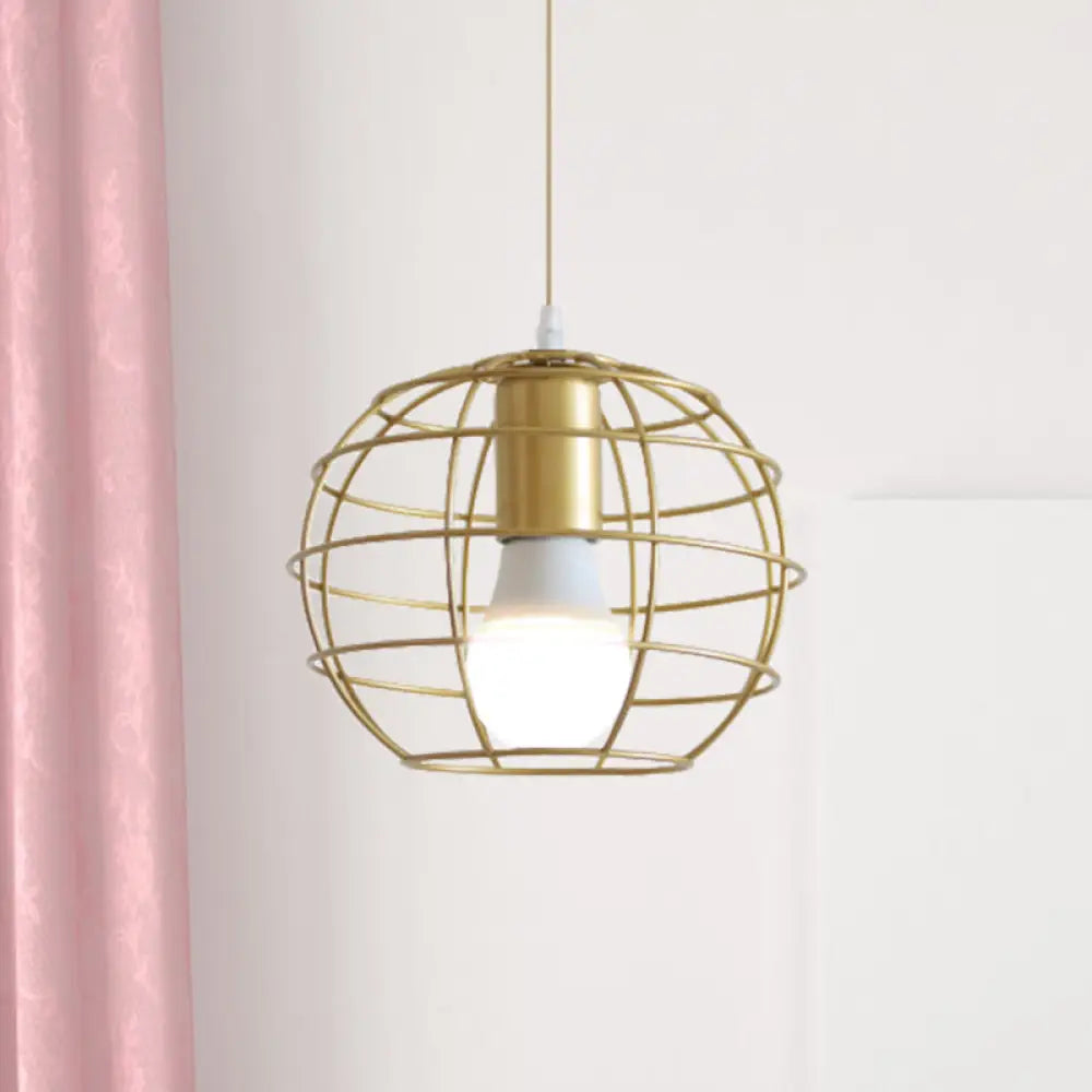 Gold Metal Pendant Light With Globe/Hexagon Cage Shade For Dining Room / Globe