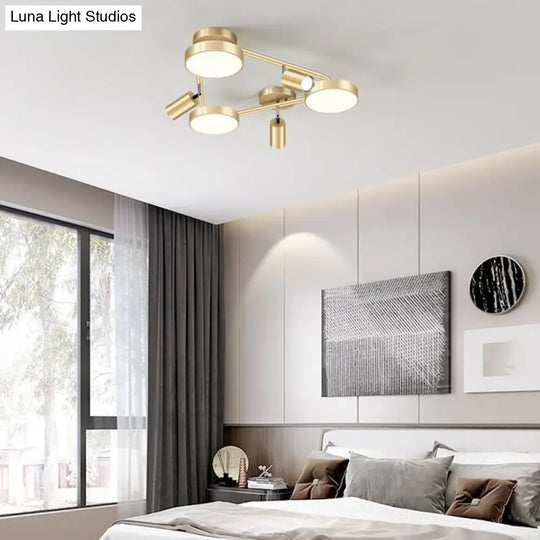 Gold Metal Round Ceiling Light Fixture With 6 Heads - Contemporary Semi-Flush Mount For Bedroom