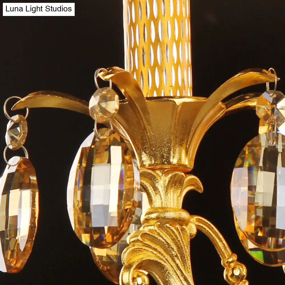 Gold Metal Sconce Light With Crystal Drop Decoration - Traditional Candle Wall Fixture (3 Heads)