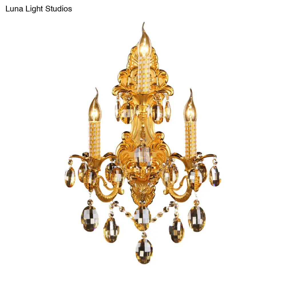 Gold Metal Sconce Light With Crystal Drop Decoration - Traditional Candle Wall Fixture (3 Heads)