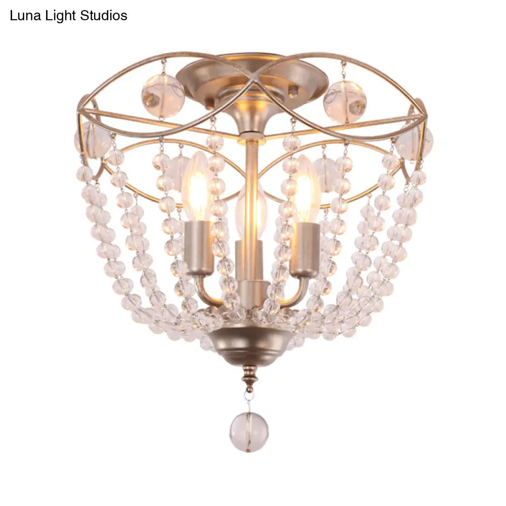 Gold Metal Semi Flush Ceiling Light With Crystal Strand - Traditional Hallway Lighting 3 Bulbs