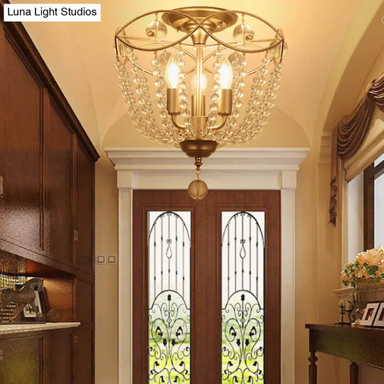 Gold Metal Semi Flush Ceiling Light With Crystal Strand - Traditional Hallway Lighting 3 Bulbs