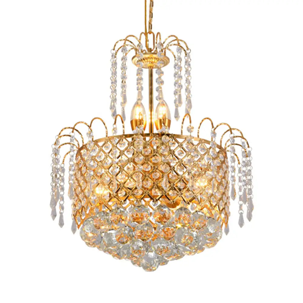 Gold Metal Shade Chandelier With Crystal Balls And Strands Elegant Drum Pendant / 19.5