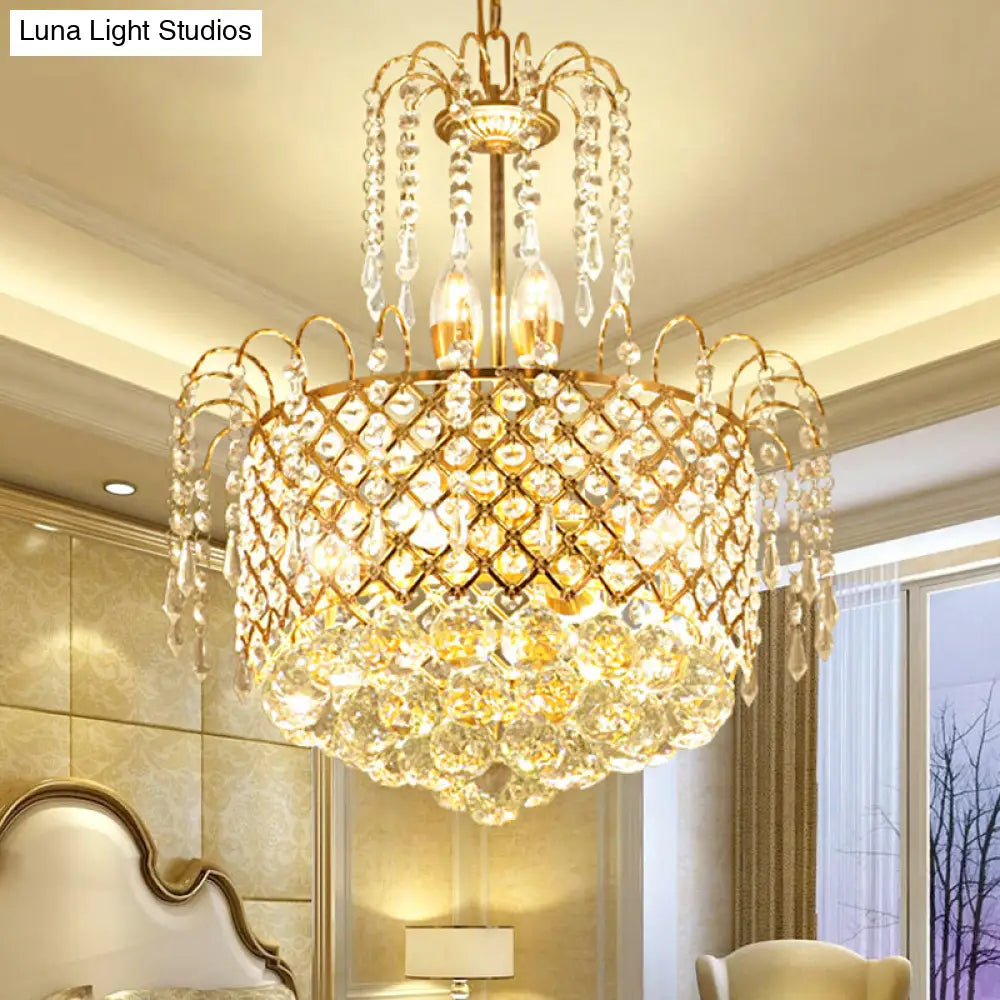 Gold Metal Shade Chandelier With Crystal Balls And Strands Elegant Drum Pendant