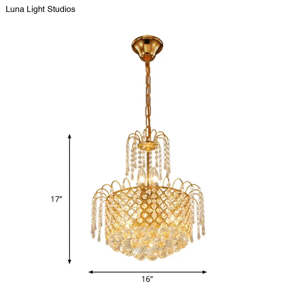 Gold Metal Shade Chandelier With Crystal Balls And Strands Elegant Drum Pendant