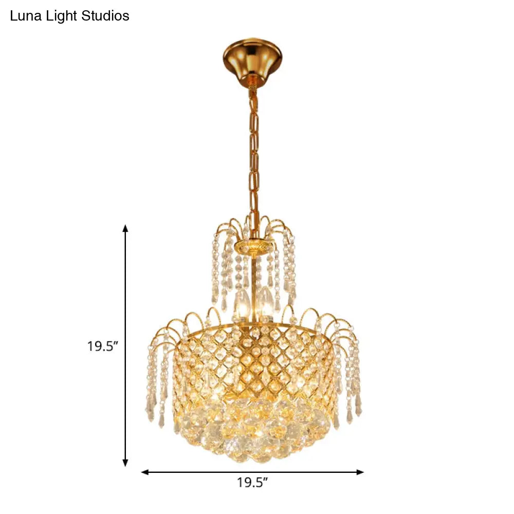 Gold Metal Shade Chandelier With Crystal Balls And Strands Elegant Drum Pendant