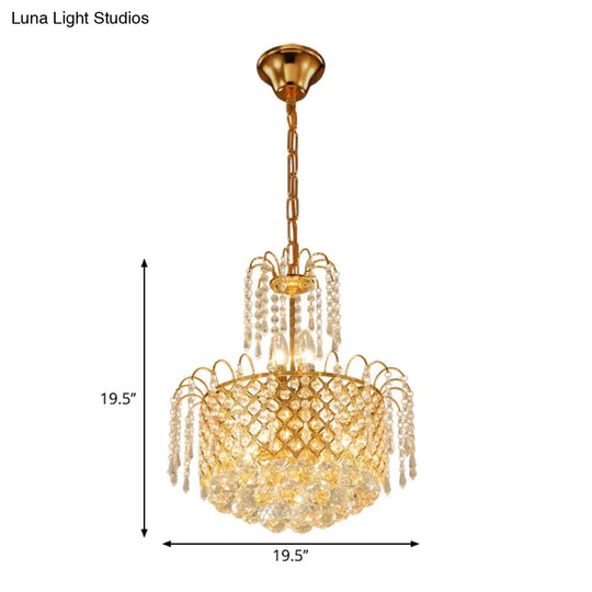 Gold Metal Shade Chandelier With Crystal Balls And Strands Elegant Drum Pendant