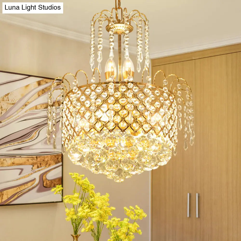 Gold Metal Shade Chandelier With Crystal Balls And Strands Elegant Drum Pendant