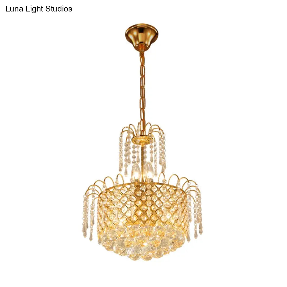 Gold Metal Shade Chandelier With Crystal Balls And Strands Elegant Drum Pendant