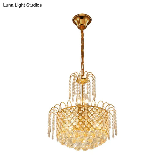 Gold Metal Shade Chandelier With Crystal Balls And Strands Elegant Drum Pendant