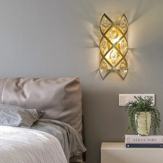 Gold Metal Spiral Sconce With Crystal Drop - Wall Mounted Bedside Lighting