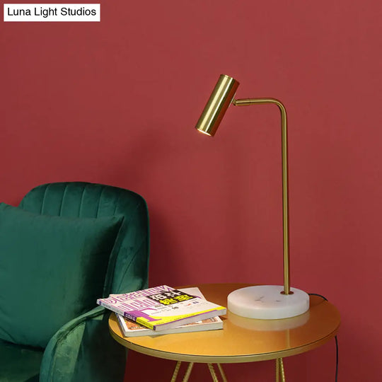 Gold Metal Tubular Nightstand Lamp With Angled Arm Post-Modern Design For Study Room