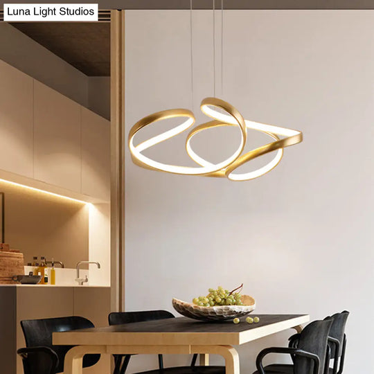 Gold Metal Twisty Led Chandelier - Simple Style Hanging Lamp For Restaurants