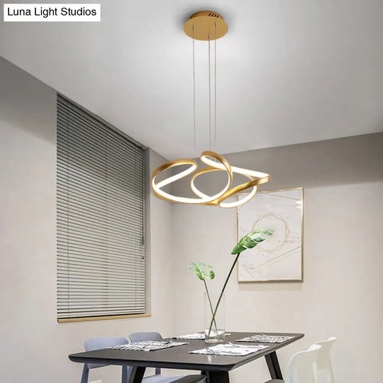 Gold Metal Twisty Led Chandelier - Simple Style Hanging Lamp For Restaurants