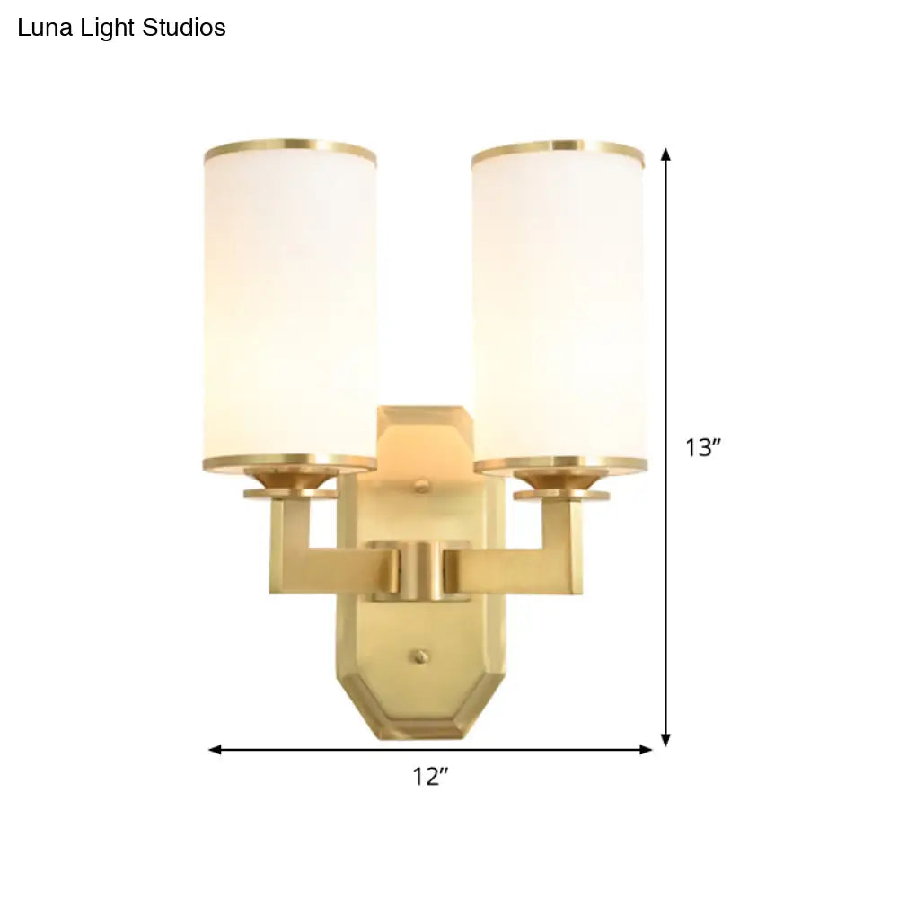 Gold Metal Wall Mount Light Fixture With Opal Glass Shade - 2 Head Modern Armed Sconce