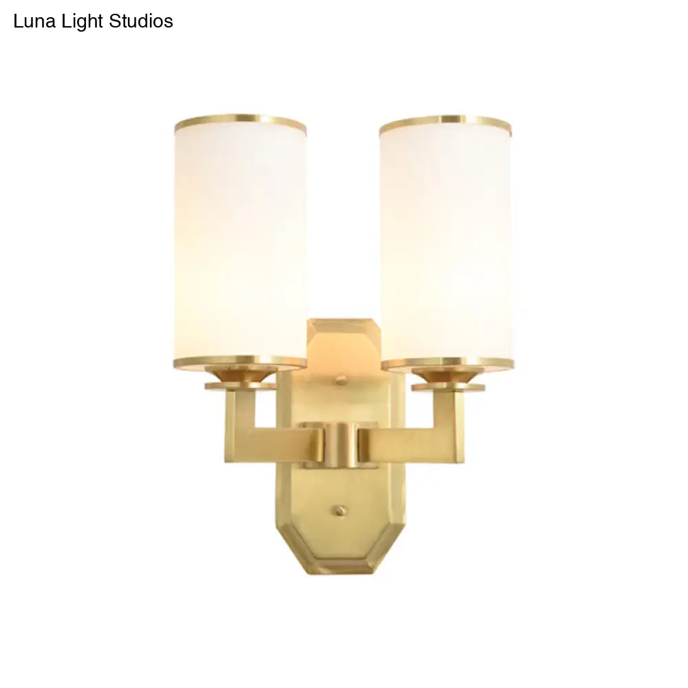 Gold Metal Wall Mount Light Fixture With Opal Glass Shade - 2 Head Modern Armed Sconce