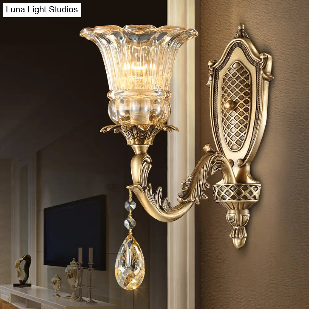 Gold Metal Wall Sconce With Traditional Beveled Glass Crystal Bedroom Lighting