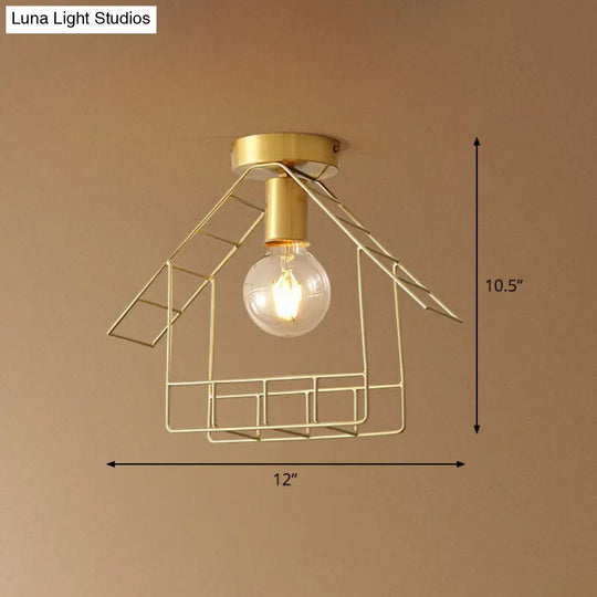 Gold Metallic House Shaped Semi Flush Light - Simplicity Ceiling Fixture For Corridors