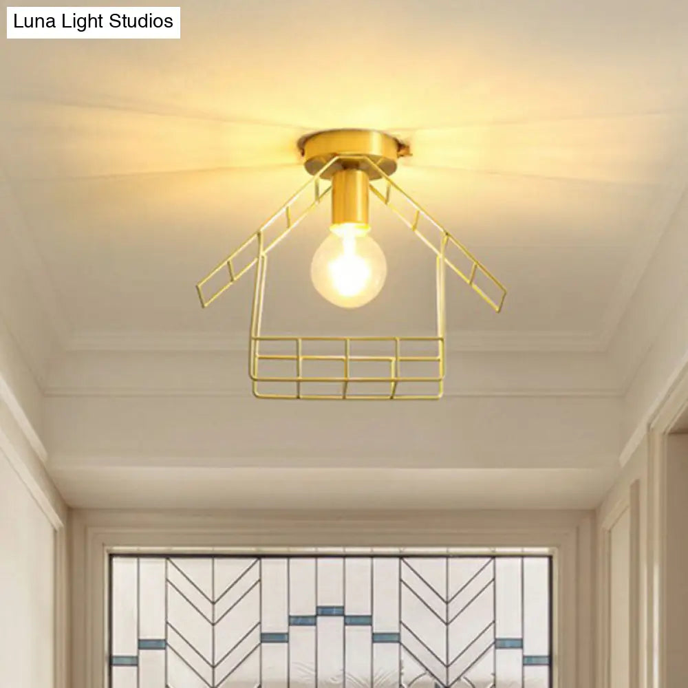 Gold Metallic House Shaped Semi Flush Light - Simplicity Ceiling Fixture For Corridors