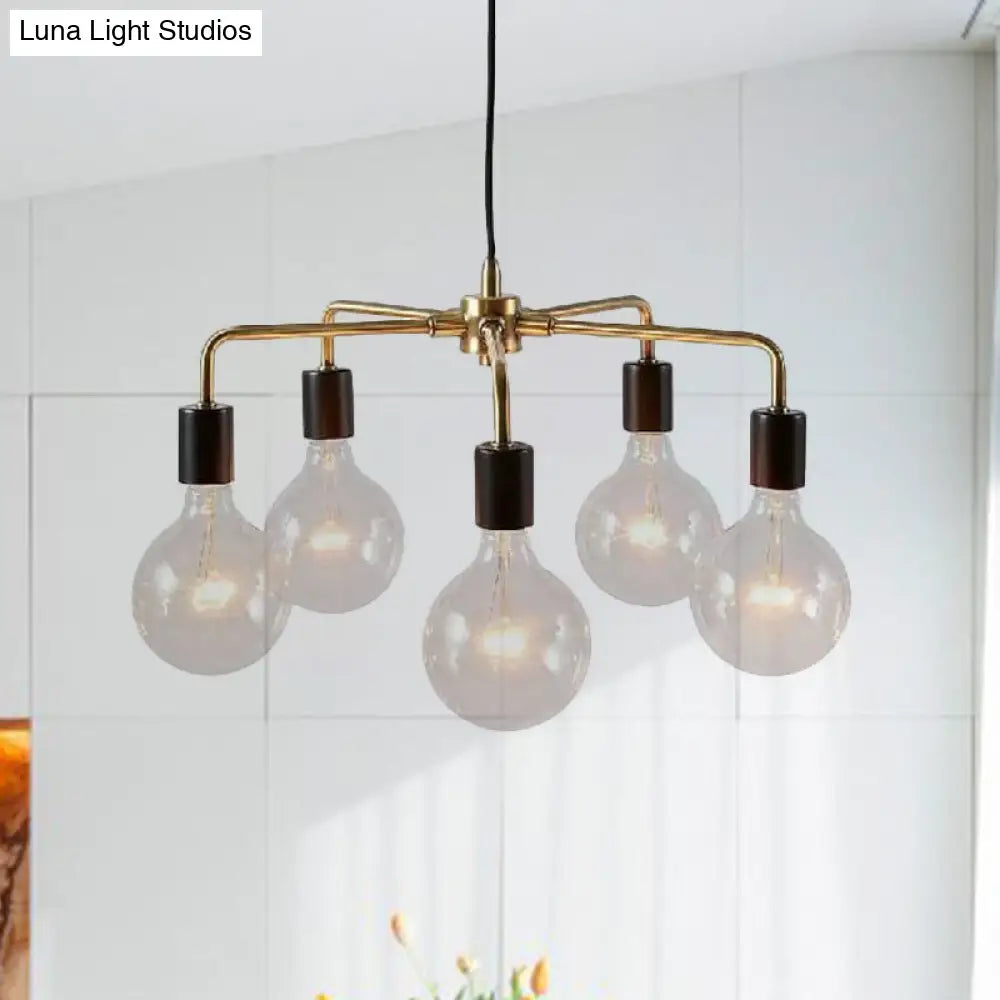 Gold Metallic Industrial Chandelier: Exposed Multi Light Fixture For Living Room Hanging