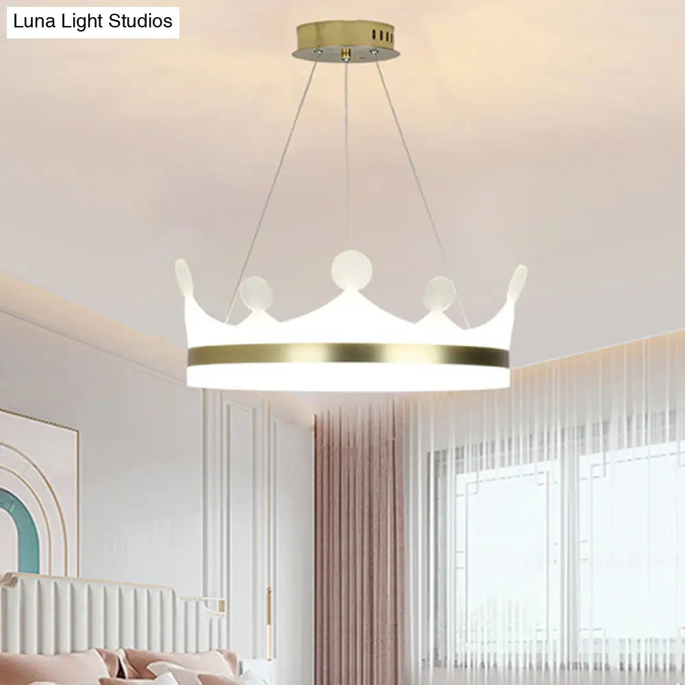 Gold Metallic Kids Crown Hanging Lamp - Led Chandelier For Girls Bedroom Warm/White Light