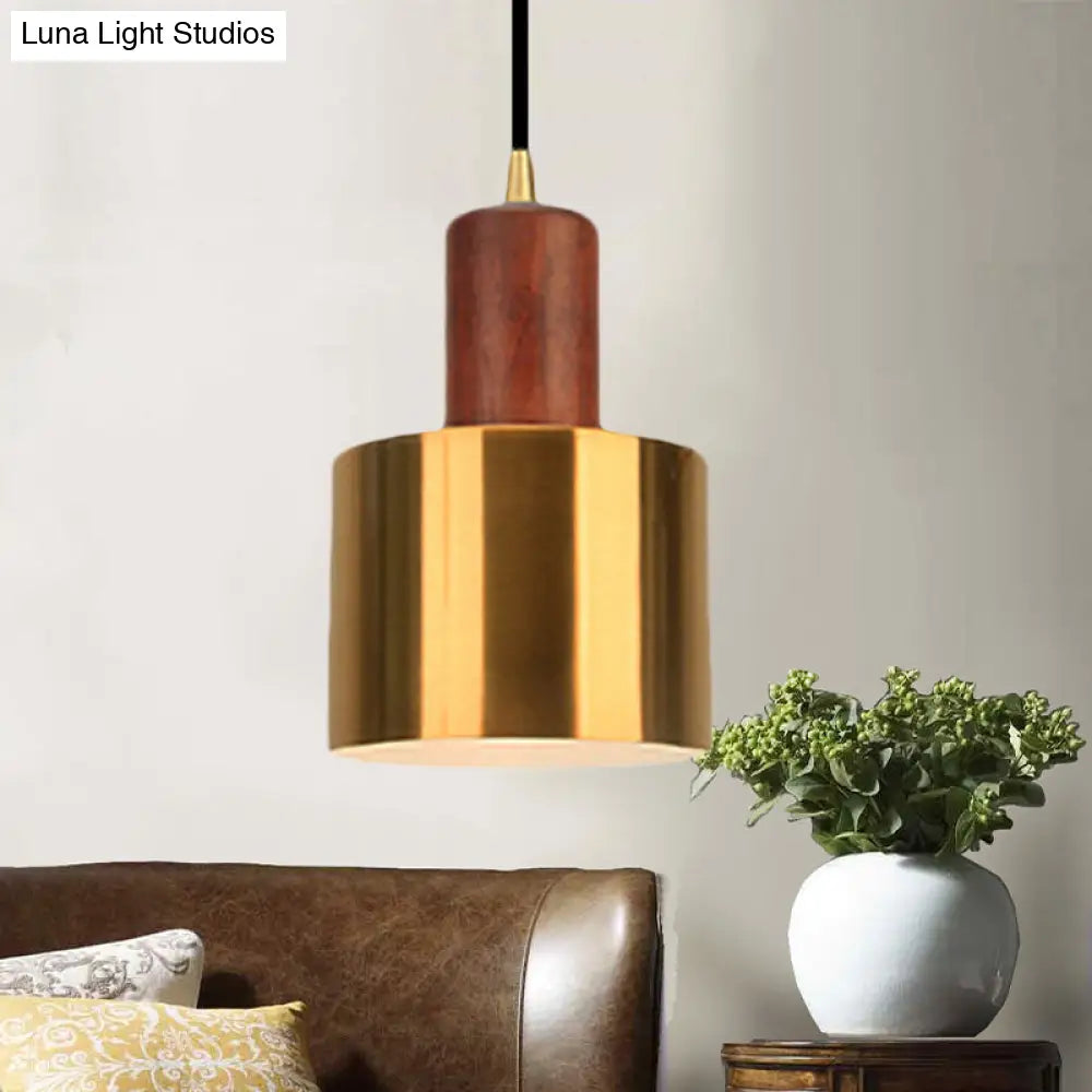 Gold Drum Pendant Light For Modern Kitchen - Metallic Ceiling Lamp With 1 Dark Wood / 5.5