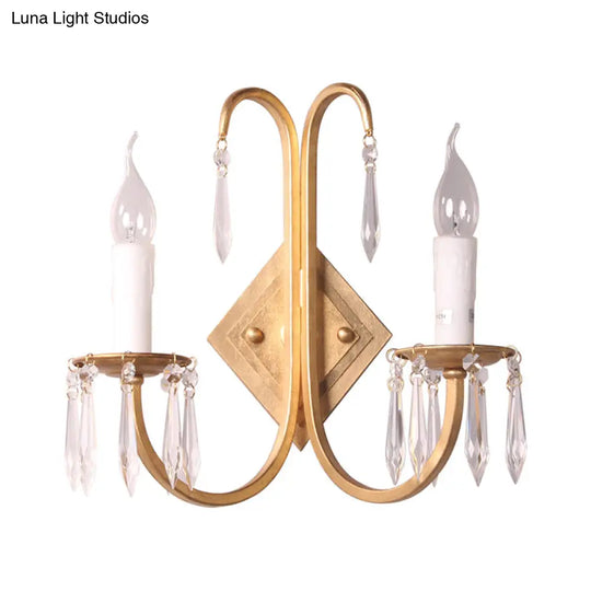 Gold Metallic Rustic Wall Sconce With Crystal Droplet - 2-Light Candle-Style Fixture For Dining Room